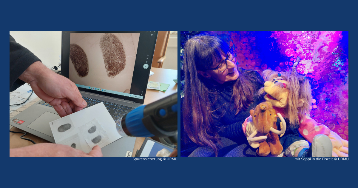 Links Hände halten ein Blatt mit Fingerabdrücken vor einem Laptop, auf dessen Bildschirm vergrößerte Fingerabdrücke zu sehen sind, rechts sitzt eine Person mit langem Haar und zwei Puppen vor einem lila beleuchteten Hintergrund