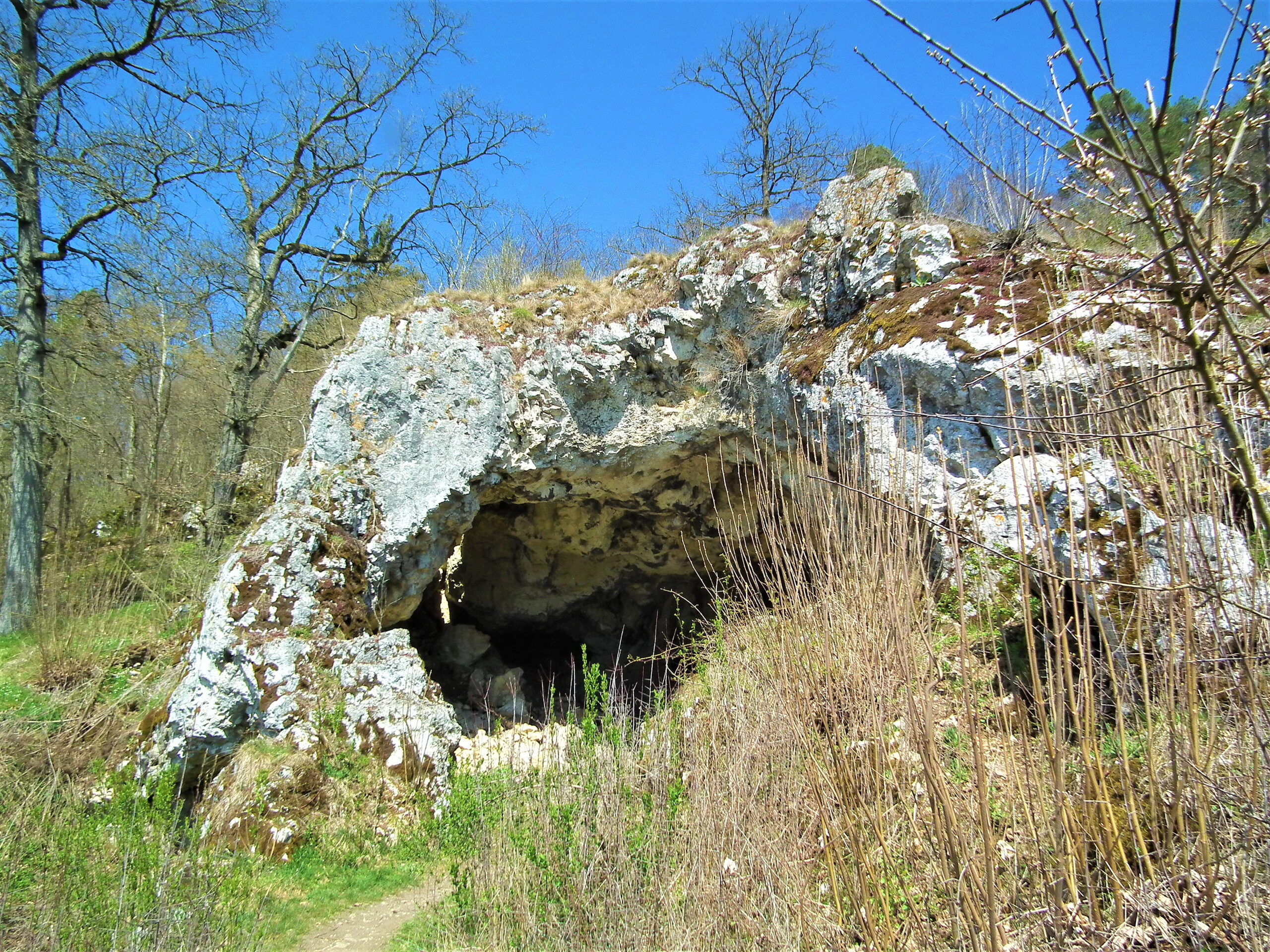Felsformation des Bockstein mit Höhleneingang und trockenem Gras vom Winter im Vordergrund unter blauem Himmel
