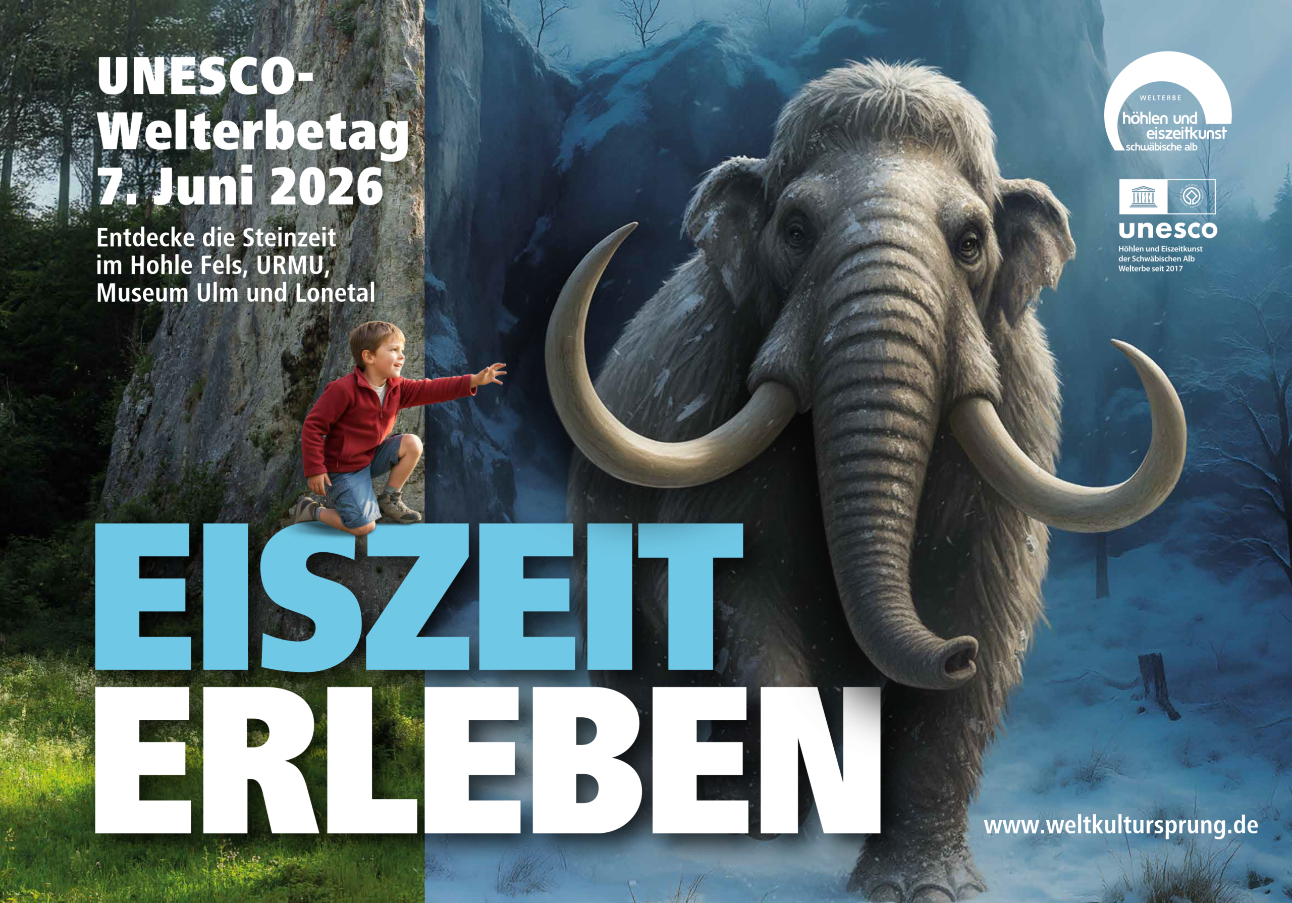 Ein Junge in rotem Pullover streckt die Hand zu einem großen Wollhaarmammut mit langen gebogenen Stoßzähnen in einer eiszeitlichen Waldlandschaft